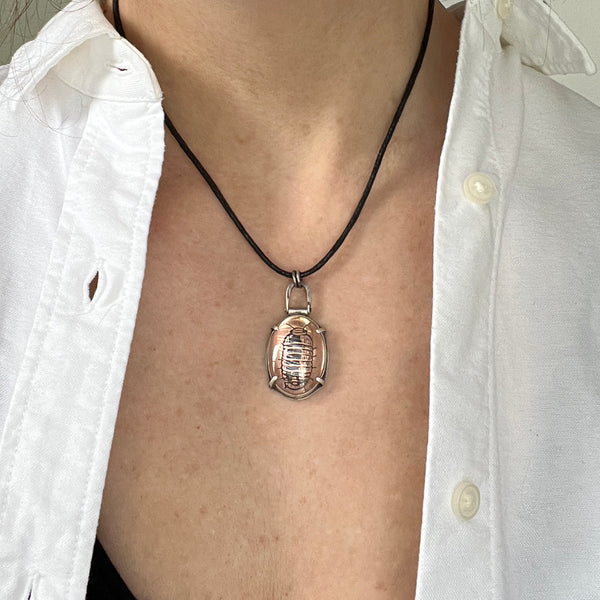 Oval Sterling Silver Pendant Featuring Copper Plate Etched with an Isopod Under Glass on a Vegan Choker Necklace
