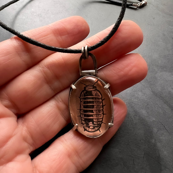 Oval Sterling Silver Pendant Featuring Copper Plate Etched with an Isopod Under Glass on a Vegan Choker Necklace