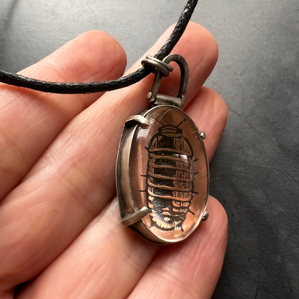 Oval Sterling Silver Pendant Featuring Copper Plate Etched with an Isopod Under Glass on a Vegan Choker Necklace