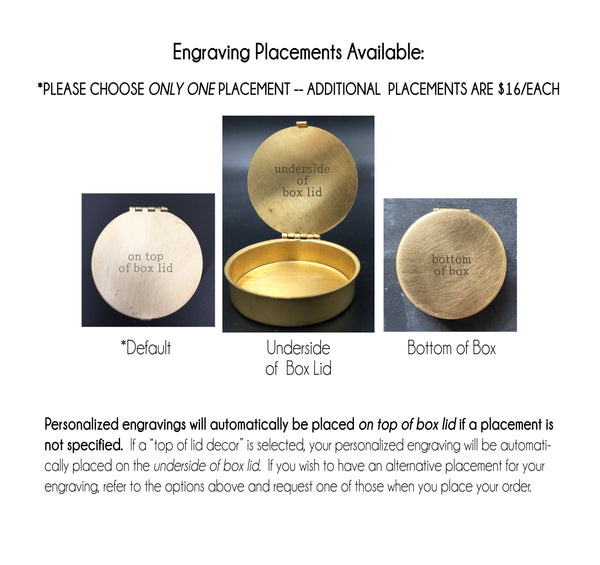 Custom Engraved Small Round 1.6" Brass Pill or Trinket Box with Your Choice of Engraving  on Lid — Perfect Pillbox for Purse or Pocket!