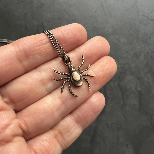 Sterling Silver or Bronze Tick Insect Pendant, With or Without Your Choice of Vegan Choker or Sterling Silver Necklace