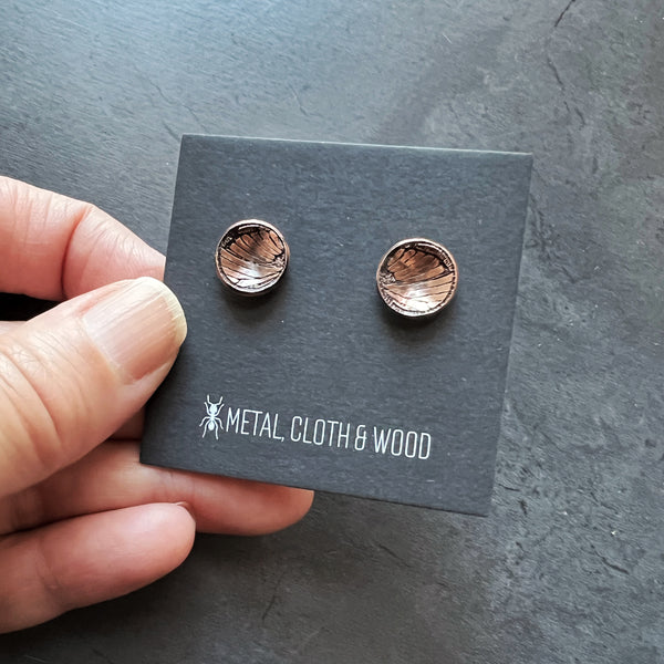 Handmade Copper & Sterling Silver Stud Earrings with Moth Insect Wing Patterns