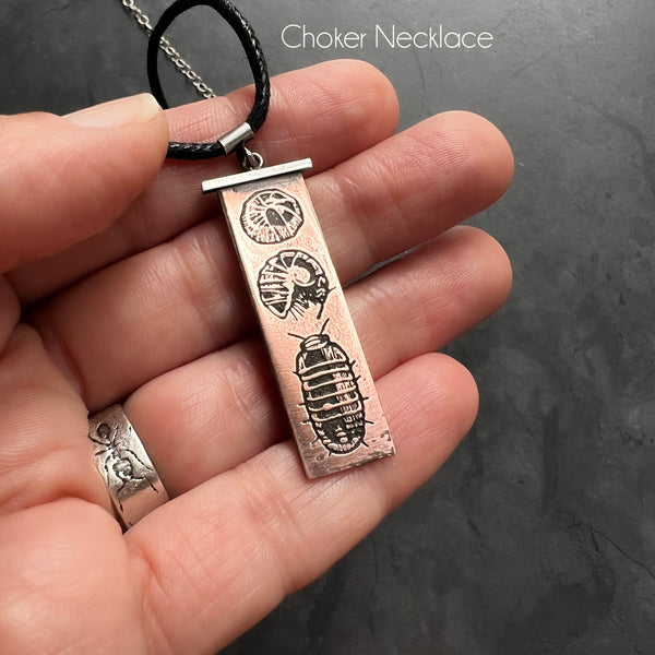 Gender Neutral Copper and Sterling Silver Isopod Necklace, With Your Choice of Vegan Choker or Sterling Silver Necklace — Pill Bug Insect Jewelry Necklace