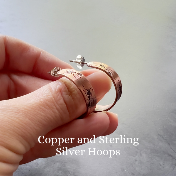 Copper and Sterling Silver Hoop Earrings with Ants -- Ant Insect Earrings Also Available in Brass and Sterling Silver
