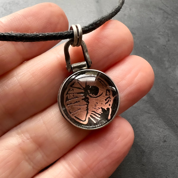 Sterling Silver and Copper Isopod Pendant on a Waxed Cotton and Sterling Silver Vegan Choker Necklace
