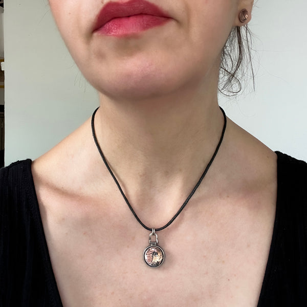Sterling Silver and Copper Isopod Pendant on a Waxed Cotton and Sterling Silver Vegan Choker Necklace