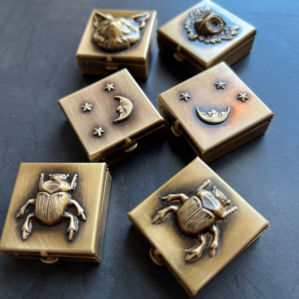 Customizable Decorative 1.25" Square Brass Pill Box with Your Choice of Skull, Insect, Animal, or Celestial Theme!
