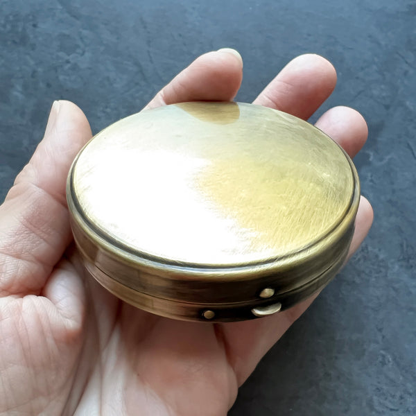 Custom Engraved 2.6" Round Brass Pill or Trinket Box with Push Button Lid