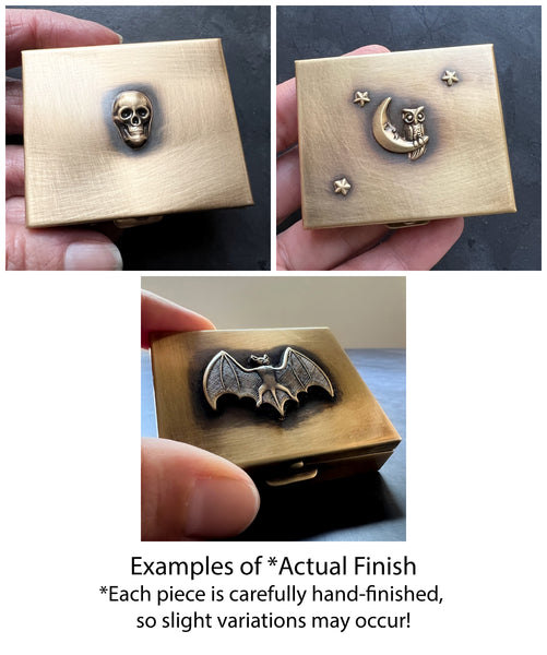 Customizable Rectangular 2.13" x 1.75" Brass Pillbox with Your Choice of 3D Lid Decor β AS SEEN ON Netflix' "No Good Deed"!