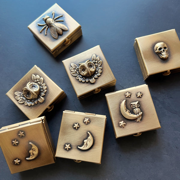 Customizable Decorative 1.25" Square Brass Pill Box with Your Choice of Skull, Insect, Animal, or Celestial Theme!