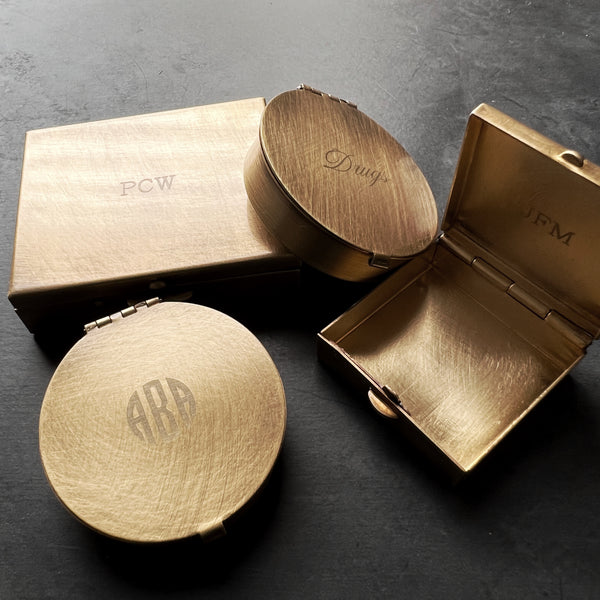 Custom Engraved Small Round 1.6" Brass Pill or Trinket Box with Your Choice of Engraving  on Lid — Perfect Pillbox for Purse or Pocket!