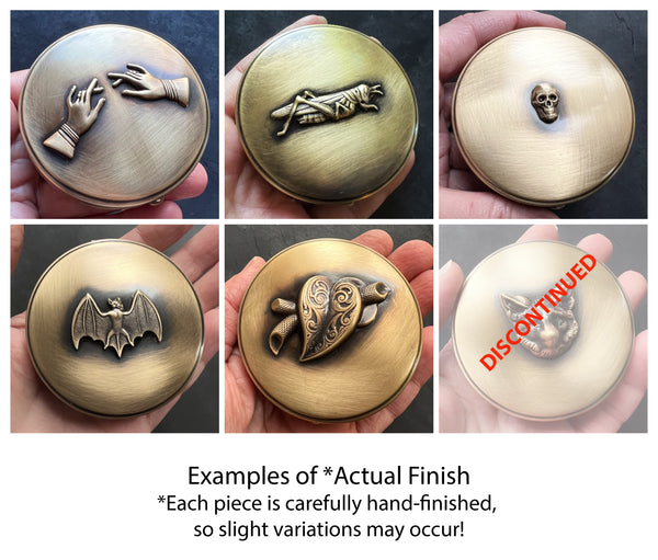Customizable 2.6" Round Brass Pill or Trinket Box with Your Choice of 3D Lid Decor — Choose Skull, Animals, Insects, or Celestial Motifs