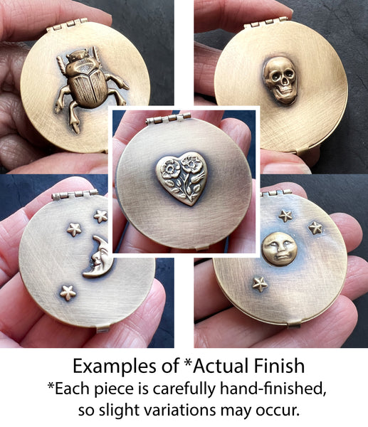 Customizable Small Round 1.6" Brass Pill or Trinket Box with Your Choice of Skull, Animal, Insect or Moon & Stars on Lid!