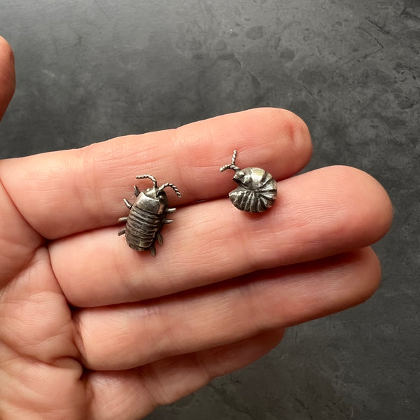 Sterling Silver, Brass, or Bronze Isopod Pins - Available Individually or as a Mismatched Pair!  Perfect Pillbug, Doodlebug, Roly Poly Gift!