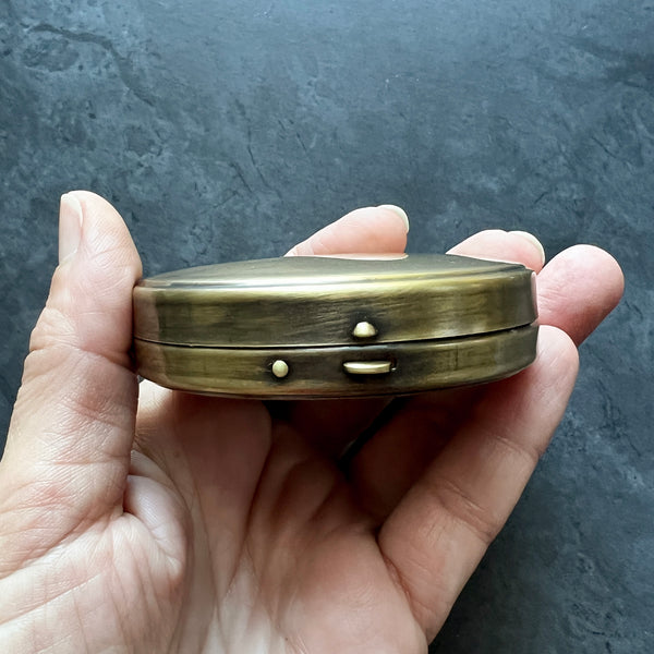Custom Engraved 2.6" Round Brass Pill or Trinket Box with Push Button Lid
