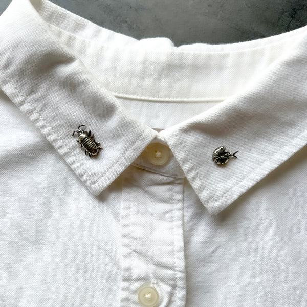 Sterling silver or bronze isopod pins -- available as a mismatched pair or separately. Can be worn as brooches, lapel pins, tie tacks or scatter pins! Super cute and versatile.