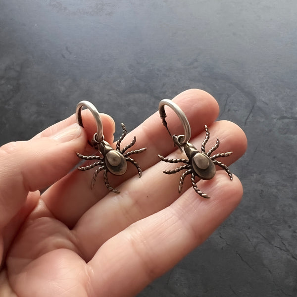 Handmade Bronze and/or Sterling Silver Tick Hoop Earrings — Insect Jewelry for Nature Lovers and Scientists Alike!