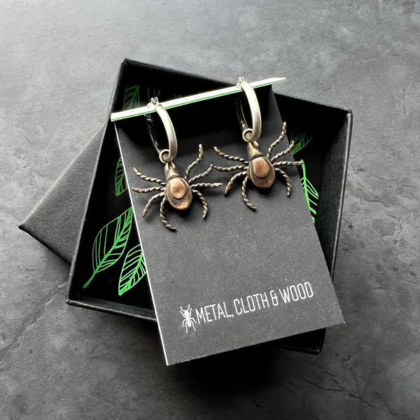 Handmade Bronze and/or Sterling Silver Tick Hoop Earrings — Insect Jewelry for Nature Lovers and Scientists Alike!