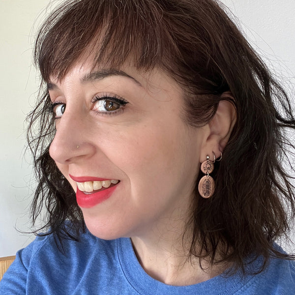 Etched Copper and Sterling Silver Pillbugs, Sow Bugs, or Roly Poly Isopod Earrings — from the new arthropod & insect jewelry collection