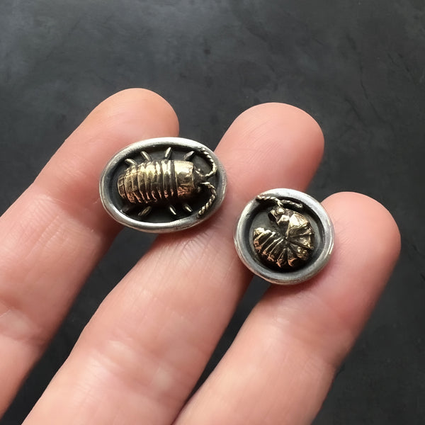 Pair of Mismatched Sterling Silver Cufflinks with Brass Isopods -- Unisex or Men's Cuff Links for Groom, Father of the Bride, or Groomsmen