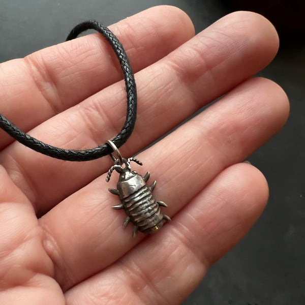 Sterling Silver, Brass, or Bronze Isopod Charm Pendant — Option to Add Your Choice of Sterling Silver Vegan Choker or Necklace
