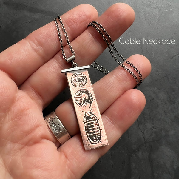 Gender Neutral Copper and Sterling Silver Isopod Necklace, With Your Choice of Vegan Choker or Sterling Silver Necklace — Pill Bug Insect Jewelry Necklace