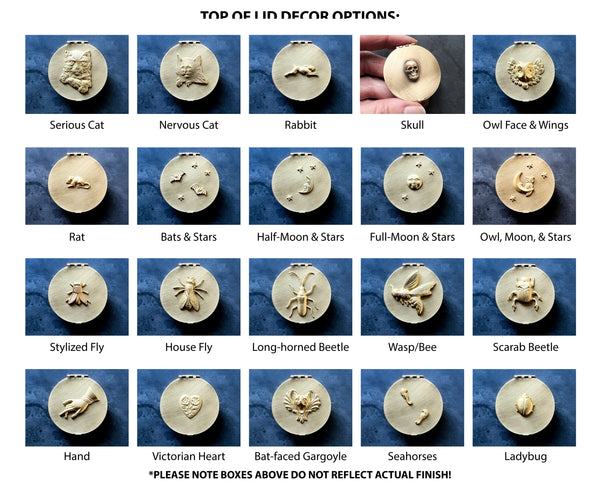 Customizable Small Round 1.6" Brass Pill or Trinket Box with Your Choice of Skull, Animal, Insect or Moon & Stars on Lid!