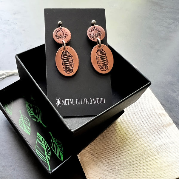 Etched Copper and Sterling Silver Pillbugs, Sow Bugs, or Roly Poly Isopod Earrings — from the new arthropod & insect jewelry collection