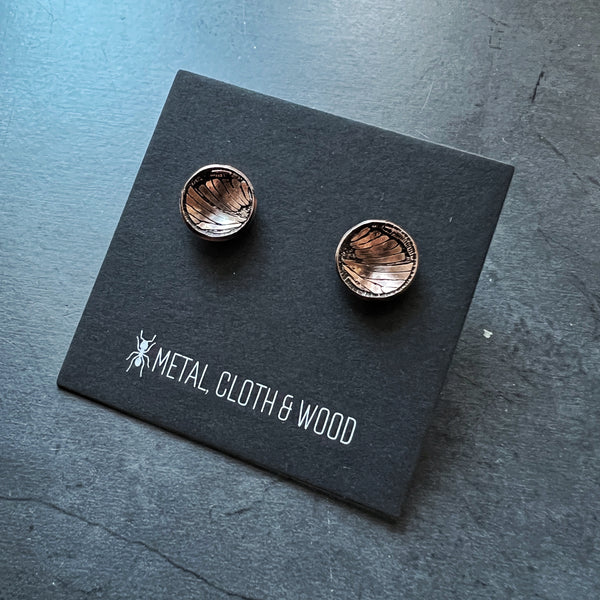 Handmade Copper & Sterling Silver Stud Earrings with Moth Insect Wing Patterns