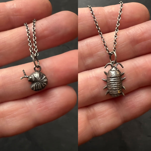 Sterling Silver, Brass, or Bronze Isopod Charm Pendant — Option to Add Your Choice of Sterling Silver Vegan Choker or Necklace