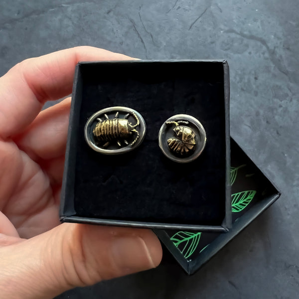 Pair of Mismatched Sterling Silver Cufflinks with Brass Isopods -- Unisex or Men's Cuff Links for Groom, Father of the Bride, or Groomsmen