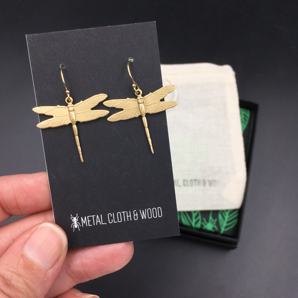 Brass and Gold Dragonfly Dangle Insect Earrings -- Perfect Gift for any Dragonfly Lover -- Available in Bright Gold or Antiqued Brass Finish