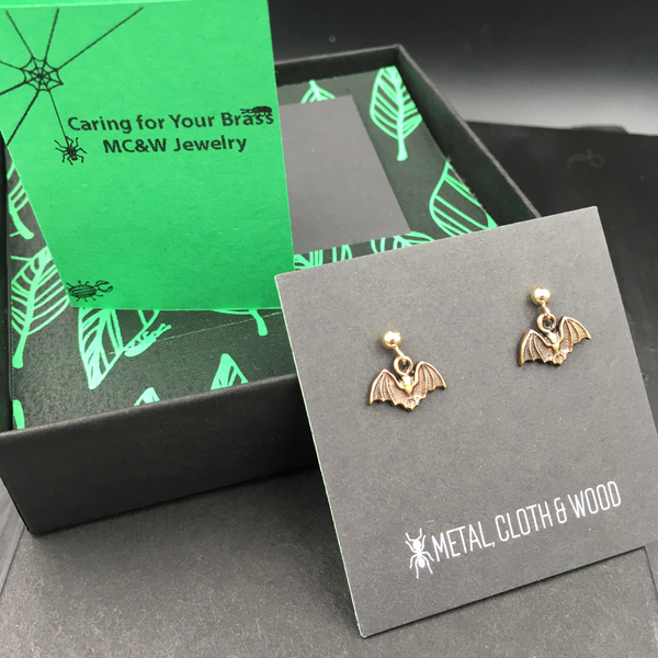 Dangling Bat Stud Earrings with Brass Bats and Gold Filled Posts and Earring Backs