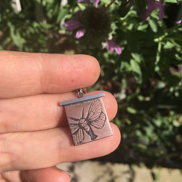 Handmade Hummingbird Moth Insect Necklace in Sterling Silver & Copper
