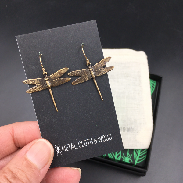 Brass and Gold Dragonfly Dangle Insect Earrings -- Perfect Gift for any Dragonfly Lover -- Available in Bright Gold or Antiqued Brass Finish