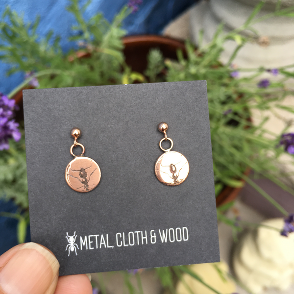 Handmade Copper and Rose Gold Filled Ant Stud Earrings -- Insect Jewelry