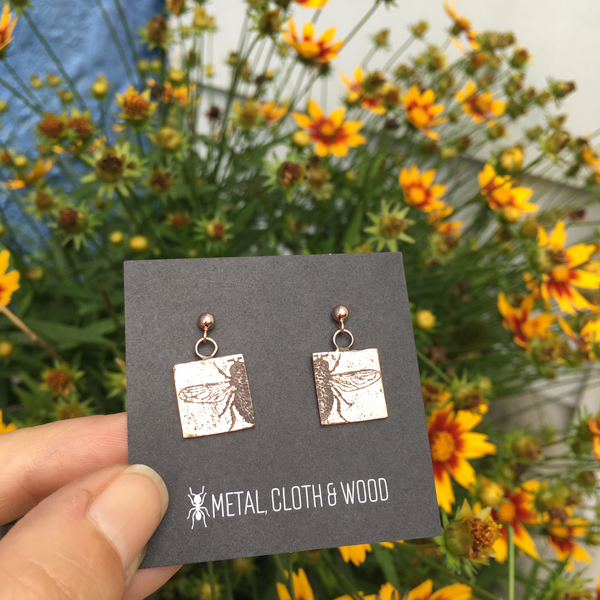 Handmade Copper and Rose Gold Filled Stud Earrings with Fly Insect Charms