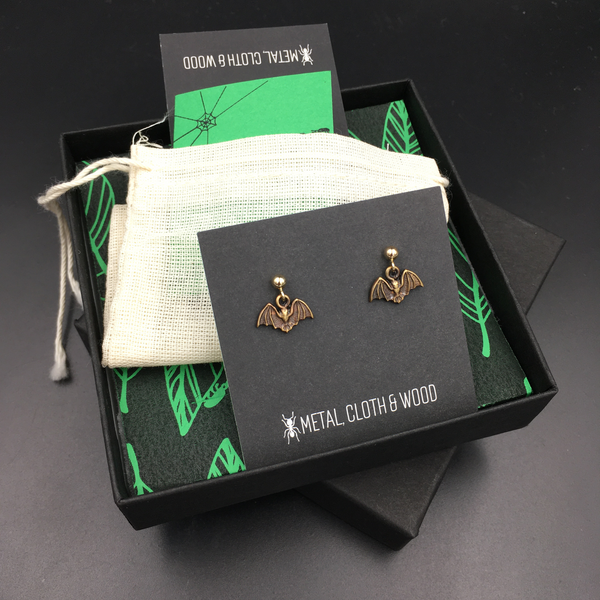 Dangling Bat Stud Earrings with Brass Bats and Gold Filled Posts and Earring Backs