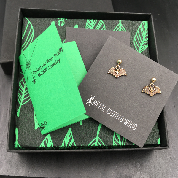 Dangling Bat Stud Earrings with Brass Bats and Gold Filled Posts and Earring Backs