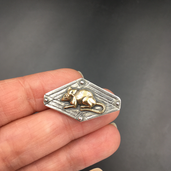 Sterling Silver Rat Brooch with Brass Detail – Handmade Mouse Brooch – Recycled Silver Rodent Pin – Gothic Animal Jewelry – Petite Lapel Pin