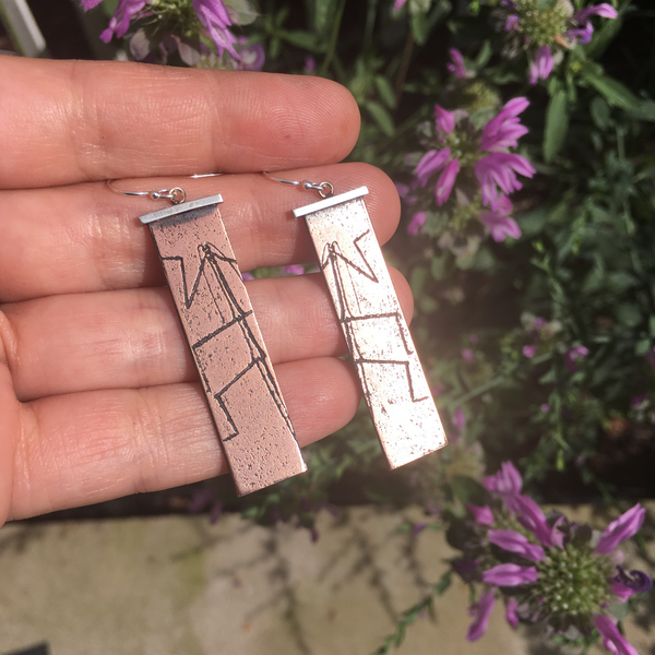 Handmade Walking Stick Insect Earrings in Sterling Silver & Copper