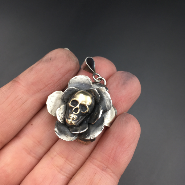 Handcrafted Sterling Silver Rose Pendant with Brass Skull