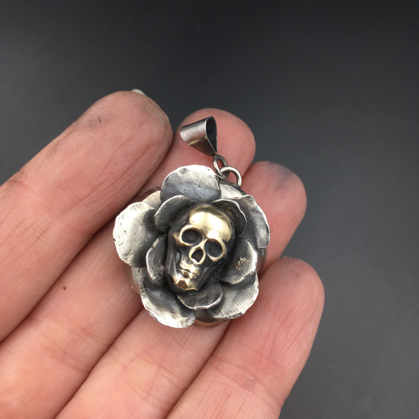 Handcrafted Sterling Silver Rose Pendant with Brass Skull