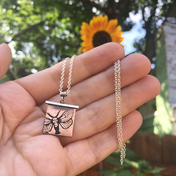 Handmade Hummingbird Moth Insect Necklace in Sterling Silver & Copper