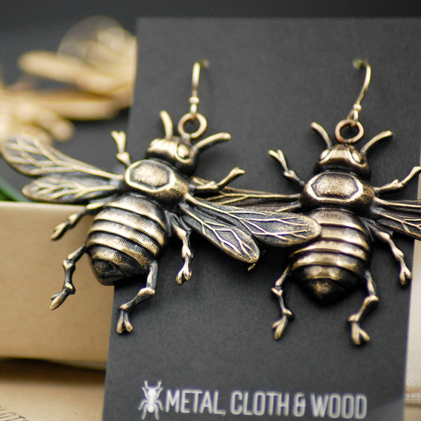Antiqued Brass or Bright Gold Brass Bee Insect Earrings with Gold Filled Ear Wires