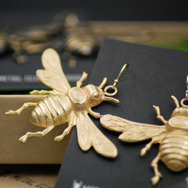 Antiqued Brass or Bright Gold Brass Bee Insect Earrings with Gold Filled Ear Wires