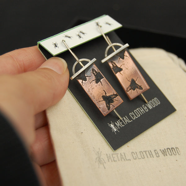Handmade Fly Earrings in Copper & Sterling Silver, Insect Earring Fly Jewelry for Entomologist Gift