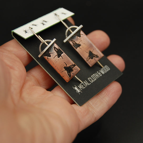 Handmade Fly Earrings in Copper & Sterling Silver, Insect Earring Fly Jewelry for Entomologist Gift