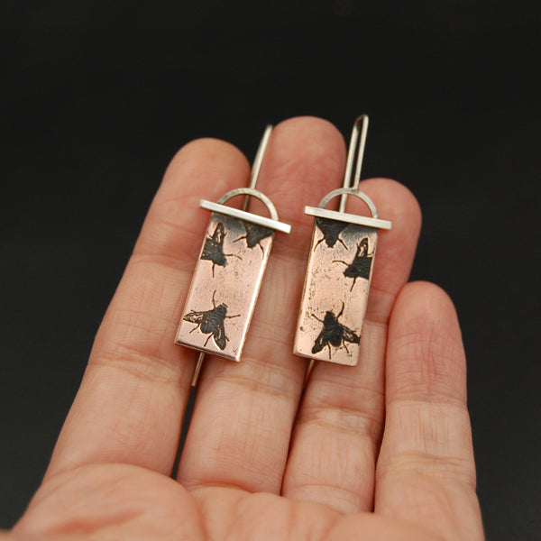Handmade Fly Earrings in Copper & Sterling Silver, Insect Earring Fly Jewelry for Entomologist Gift