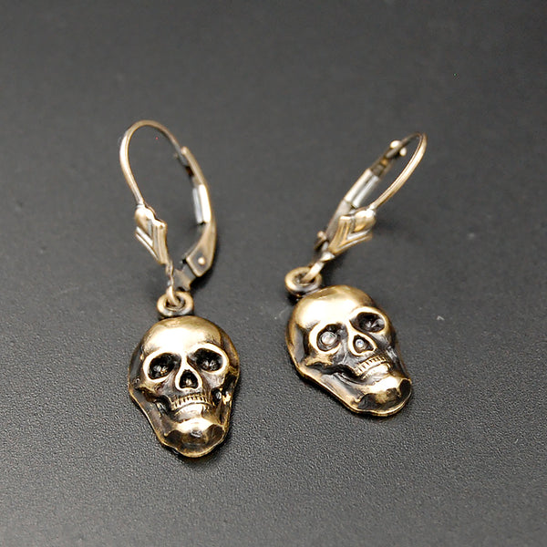 Gold Skull Dangle Earrings -- Handmade Cute Goth Brass Skull Drop Earrings with Gold Filled Leverbacks